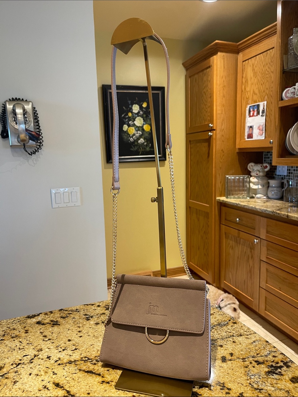 Elegant Taupe Crossbody Bag with Gold Hardware